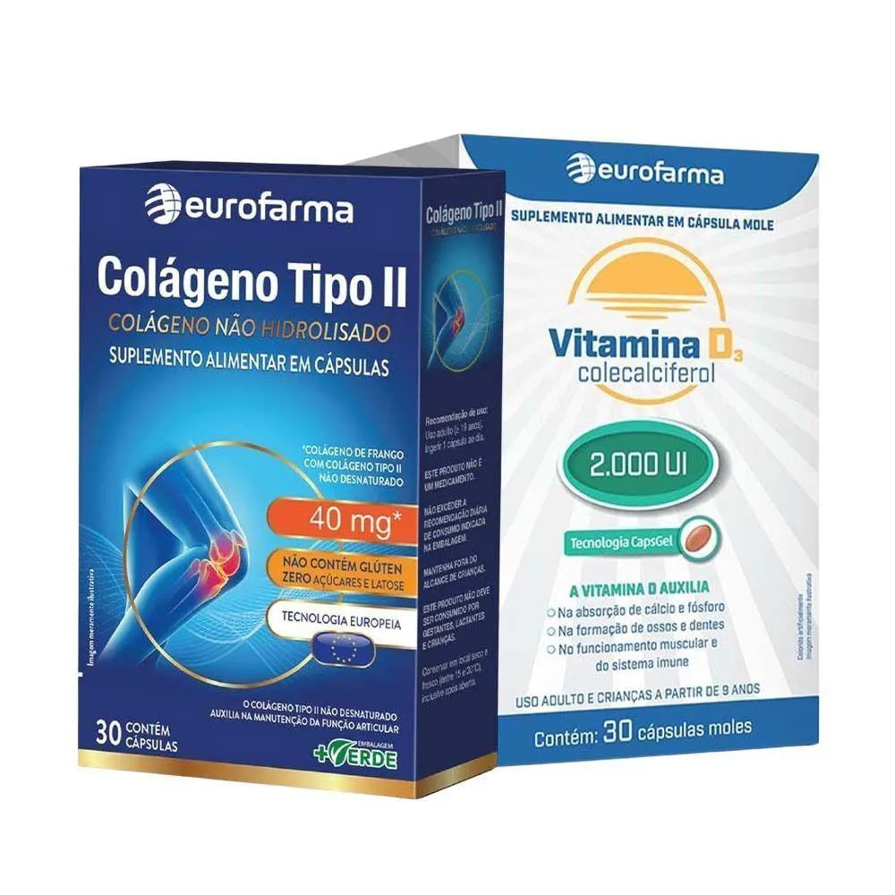 KIT COLáGENO TIPO II 30 CáPSULAS + VITAMINA D3 2.000UI EUROFARMA 30 CáPSULAS