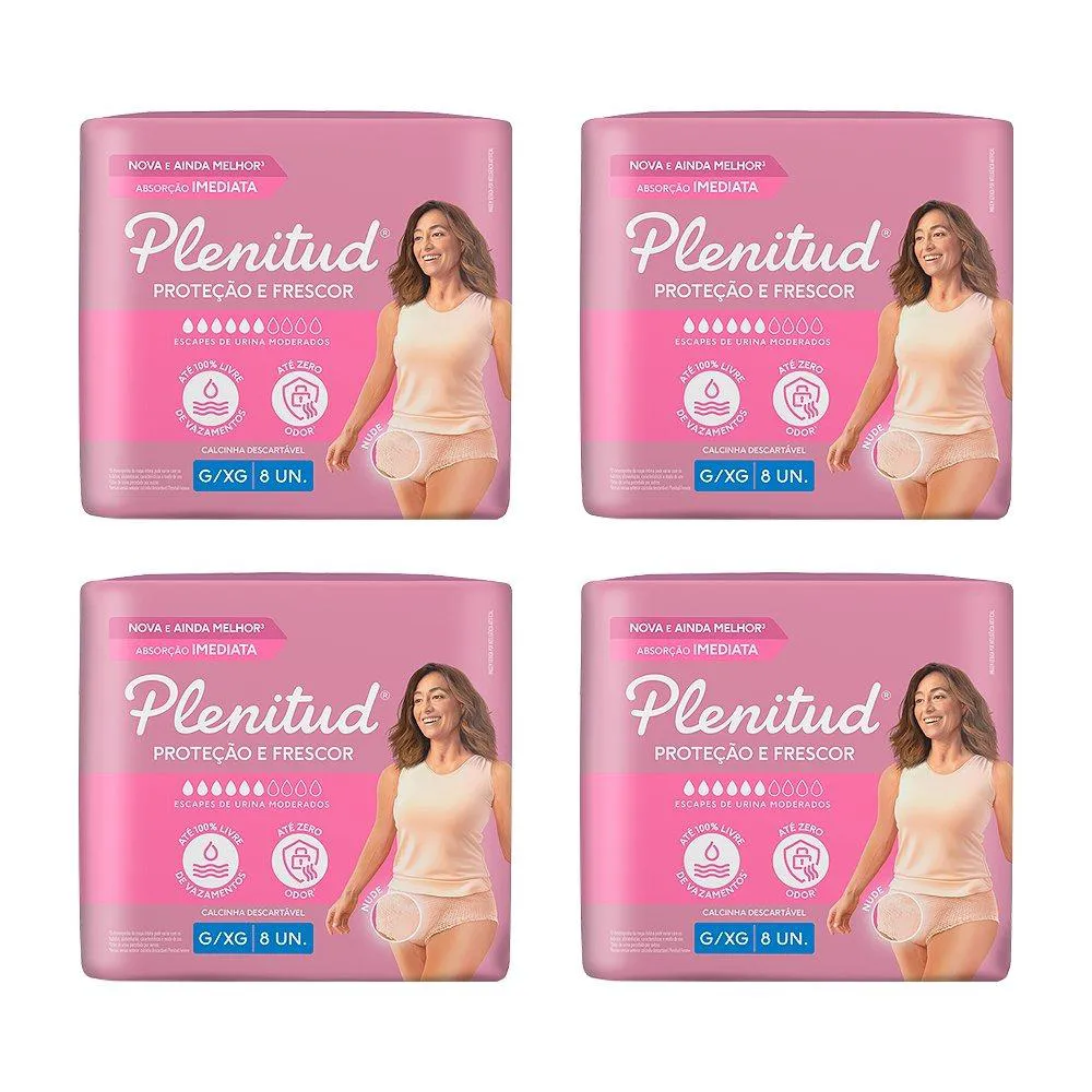 ROUPA ÍNTIMA PLENITUD ACTIVE MULHER TAMANHO G/XG - 4 PACOTES COM 8 FRALDAS - TOTAL 32 TIRAS