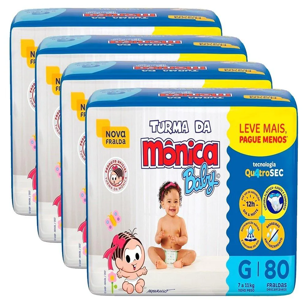 FRALDA DESCARTáVEL TURMA DA MôNICA GIGA GRANDE 4 PACOTES C/ 80 FRALDAS