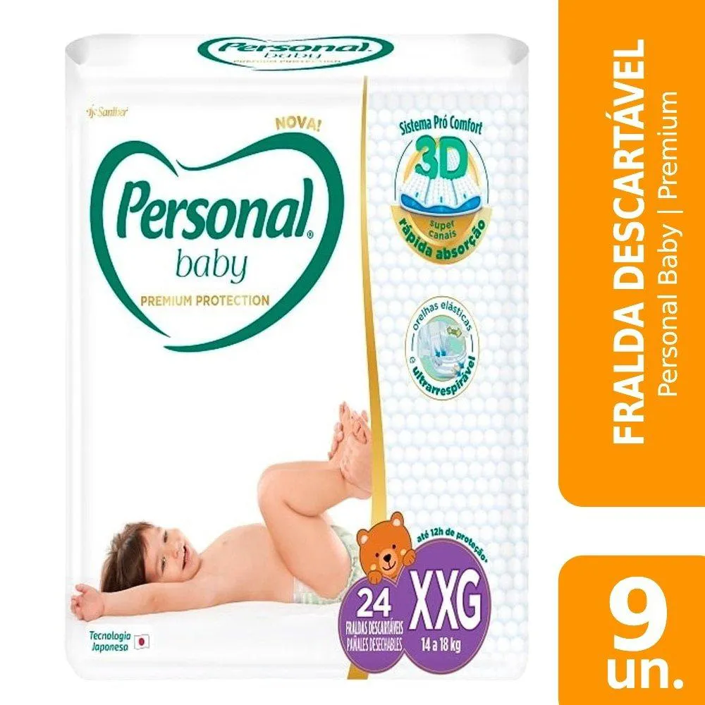 FRALDA DESCARTáVEL PERSONAL PREMIUM TAMANHO XXG - 9 PACOTES COM 24 FRALDAS - TOTAL DE 216 TIRAS