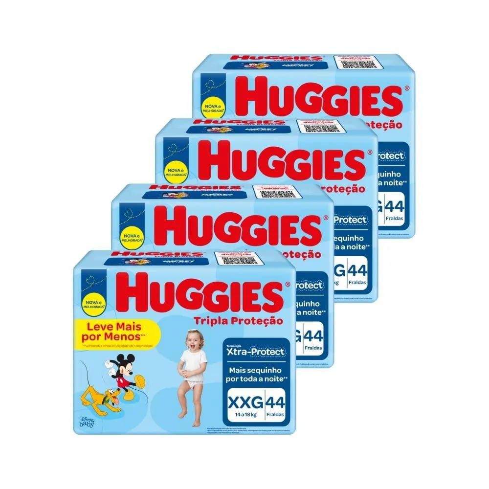 FRALDA DESCARTáVEL HUGGIES TRIPLA PROTEçãO MEGA+ TAMANHO XXG - 4 PACOTES COM 44 FRALDAS - TOTAL DE 176 TIRAS