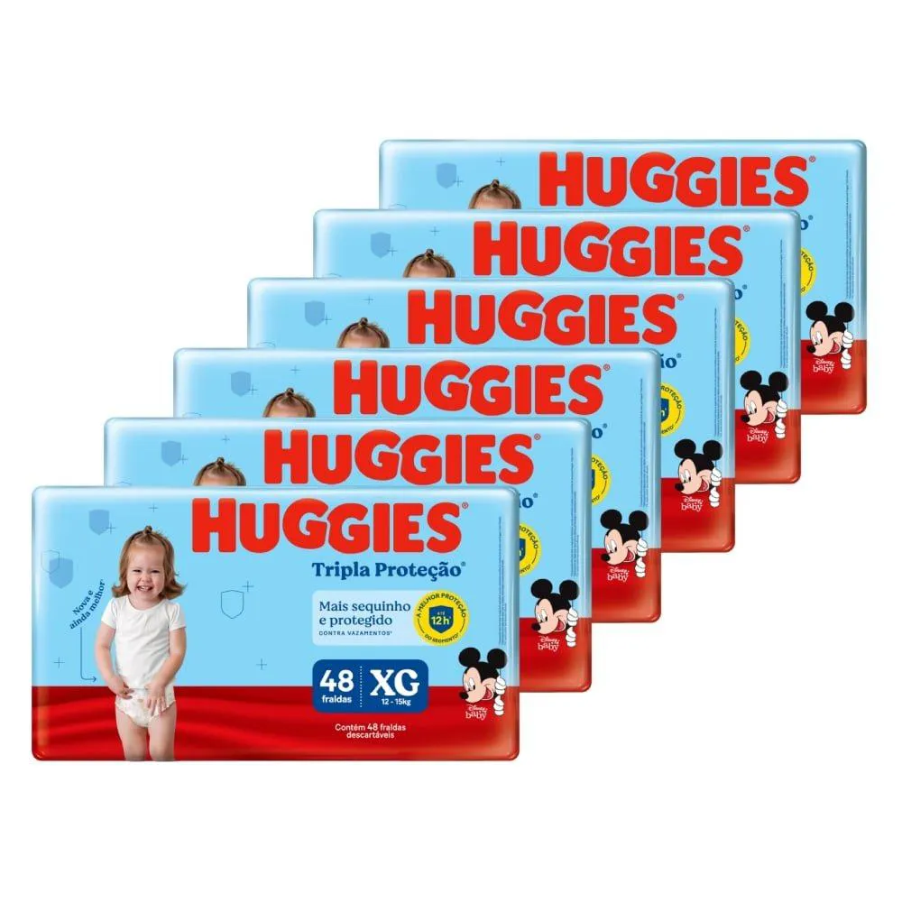 FRALDA DESCARTáVEL HUGGIES TRIPLA PROTEçãO MEGA+ TAMANHO XG - 6 PACOTES COM 48 FRALDAS - TOTAL DE 288 TIRAS