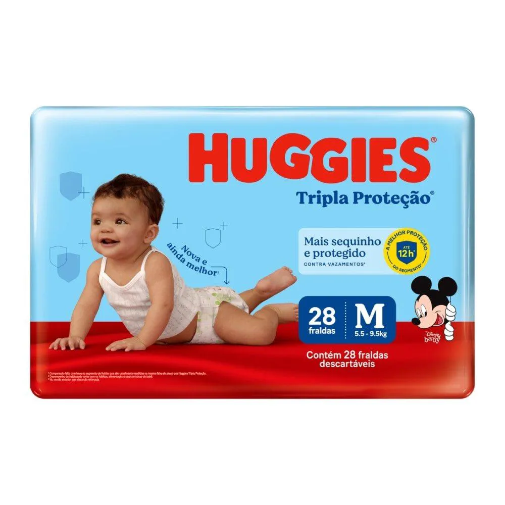 FRALDA DESCARTáVEL HUGGIES TRIPLA PROTEçãO JUMBO TAMANHO M - 9 PACOTES COM 28 FRALDAS - TOTAL 252 TIRAS