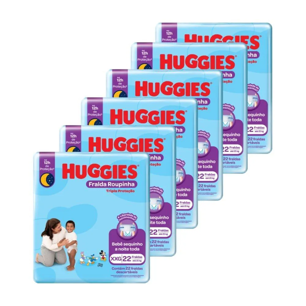 FRALDA DESCARTáVEL HUGGIES TRIPLA PROTEçãO - ROUPINHA TAMANHO XXG,  6 PACOTES COM 22 FRALDAS - TOTAL 132 TIRAS