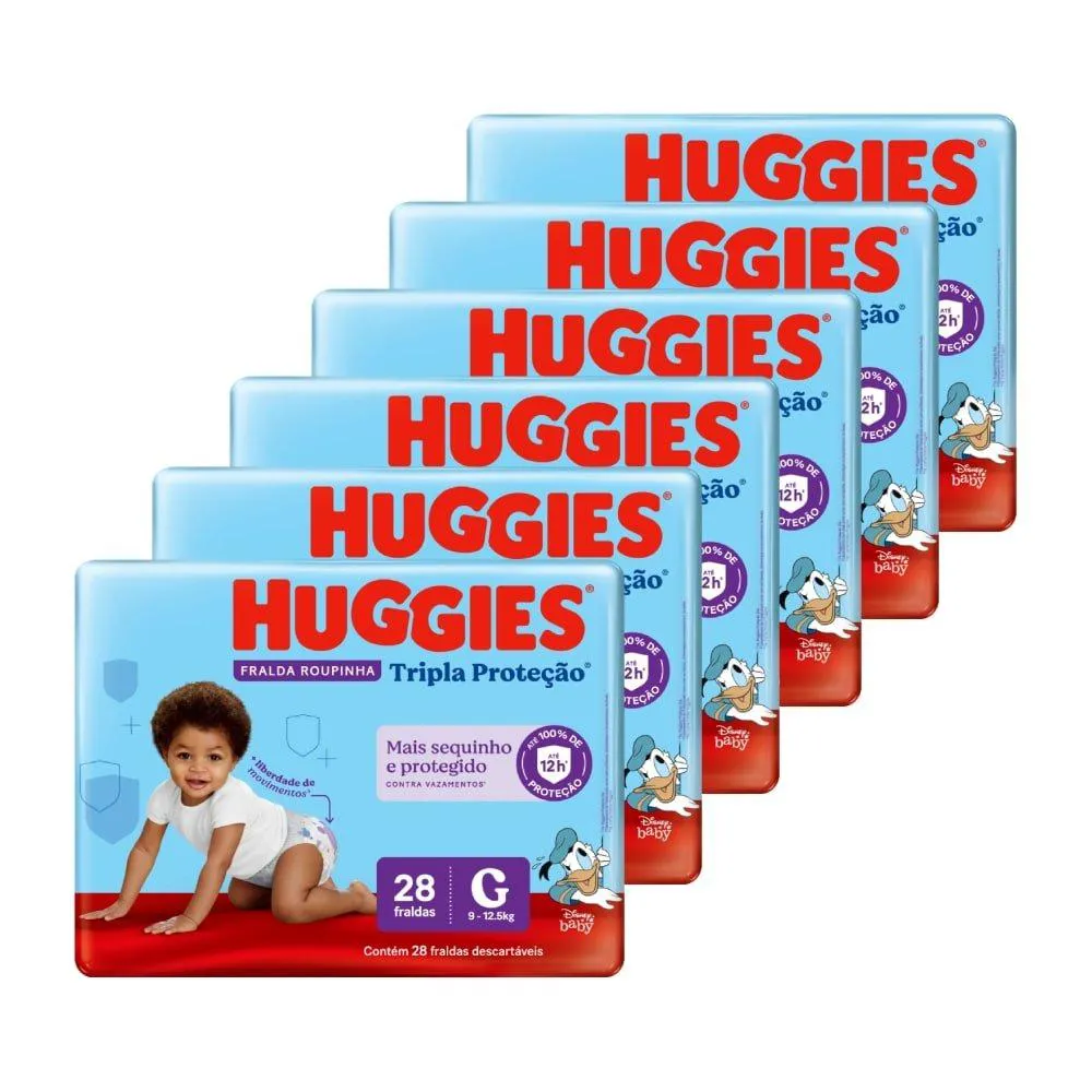 FRALDA DESCARTáVEL HUGGIES TRIPLA PROTEçãO - ROUPINHA TAMANHO G, 6 PACOTES COM 28 FRALDAS - TOTAL 168 TIRAS