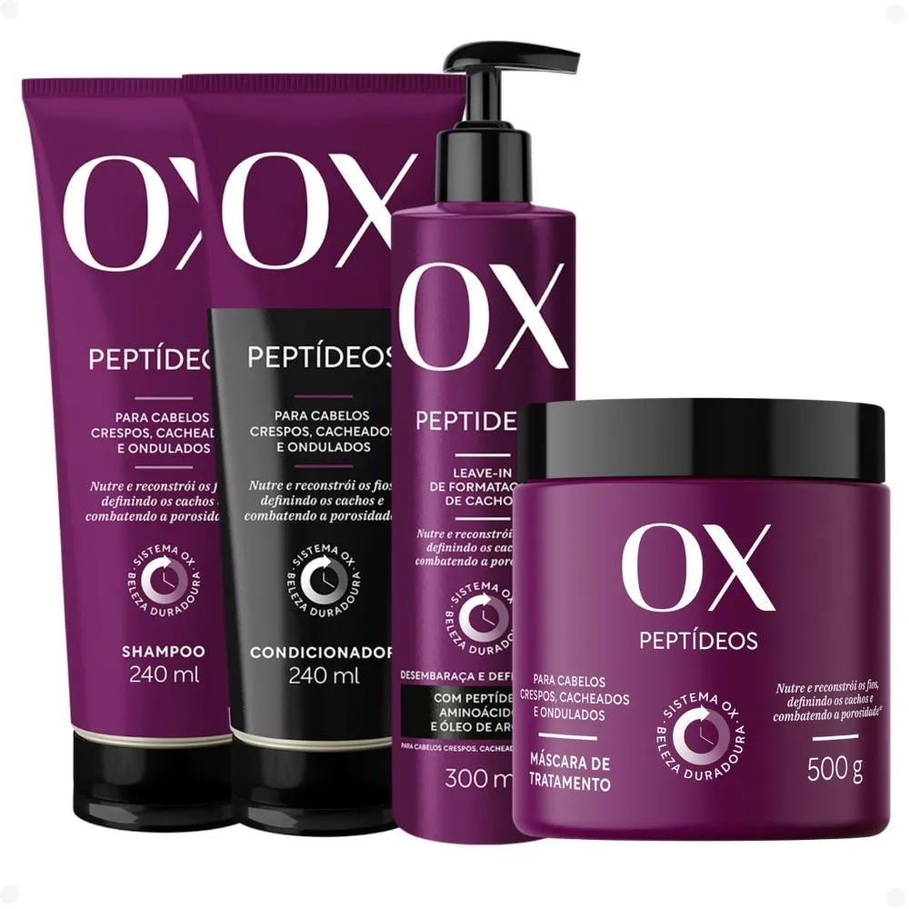 KIT OX PEPTíDEOS CABELOS CRESPOS, CACHEADOS E ONDULADOS: SHAMPOO 240ML, CONDICIONADOR 240ML, MáSCARA DE TRATAMENTO 500G E LEAVE-IN 300G