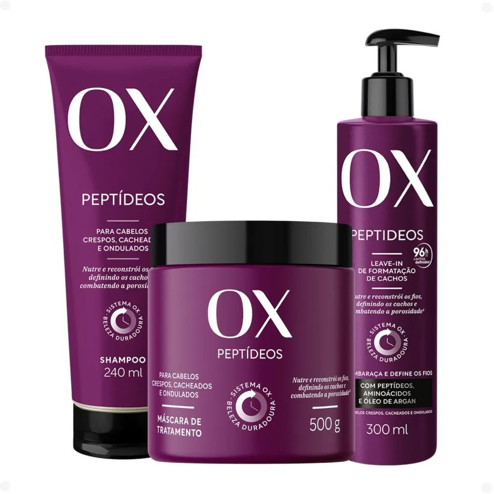 KIT OX PEPTíDEOS CABELOS CRESPOS, CACHEADOS E ONDULADOS: SHAMPOO 240ML, MáSCARA DE TRATAMENTO 500G E LEAVE-IN 300G