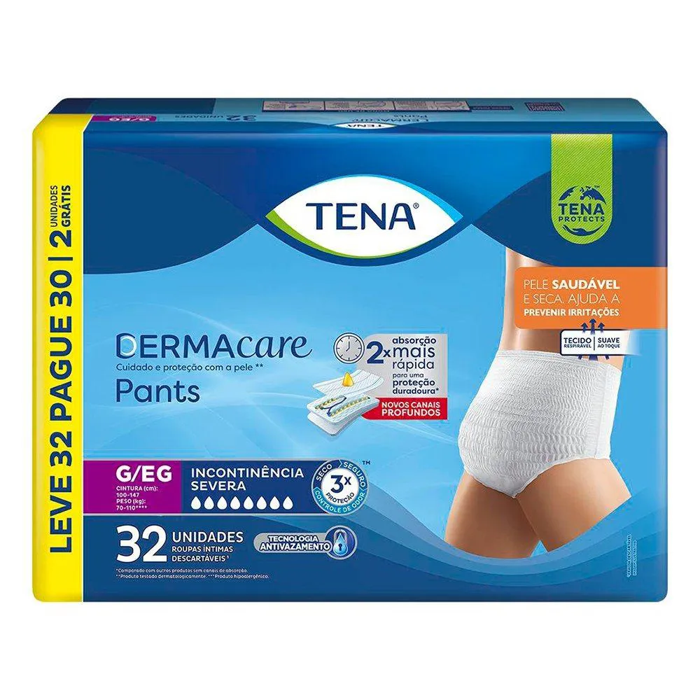 FRALDA DESCARTáVEL ADULTO TENA PANTS DERMACARE TAMANHO G/EG - 3 PACOTES COM 32 FRALDAS - TOTAL 96 TIRAS (LEVE 32 PAGUE 30)