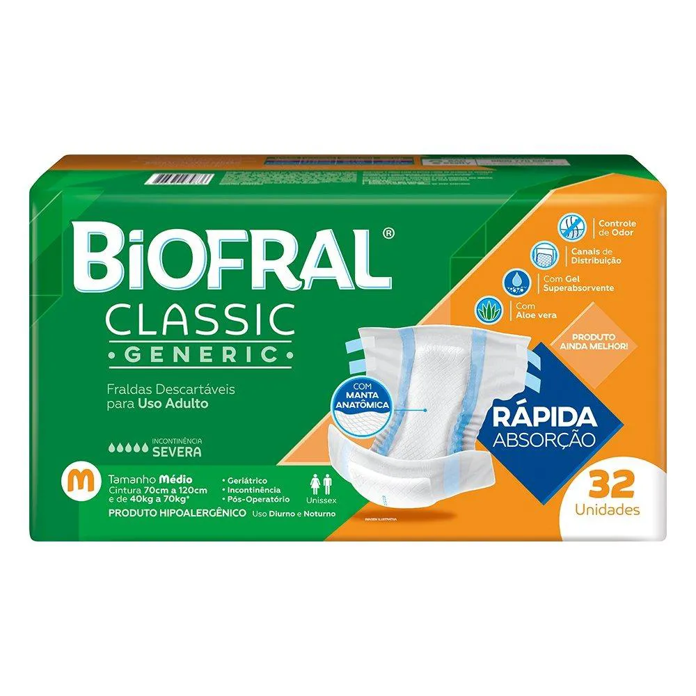 FRALDA DESCARTáVEL ADULTO BIOFRAL CLASSIC GENERIC MéDIA - 3 PACOTES COM 32 FRALDAS - TOTAL 96 TIRAS
