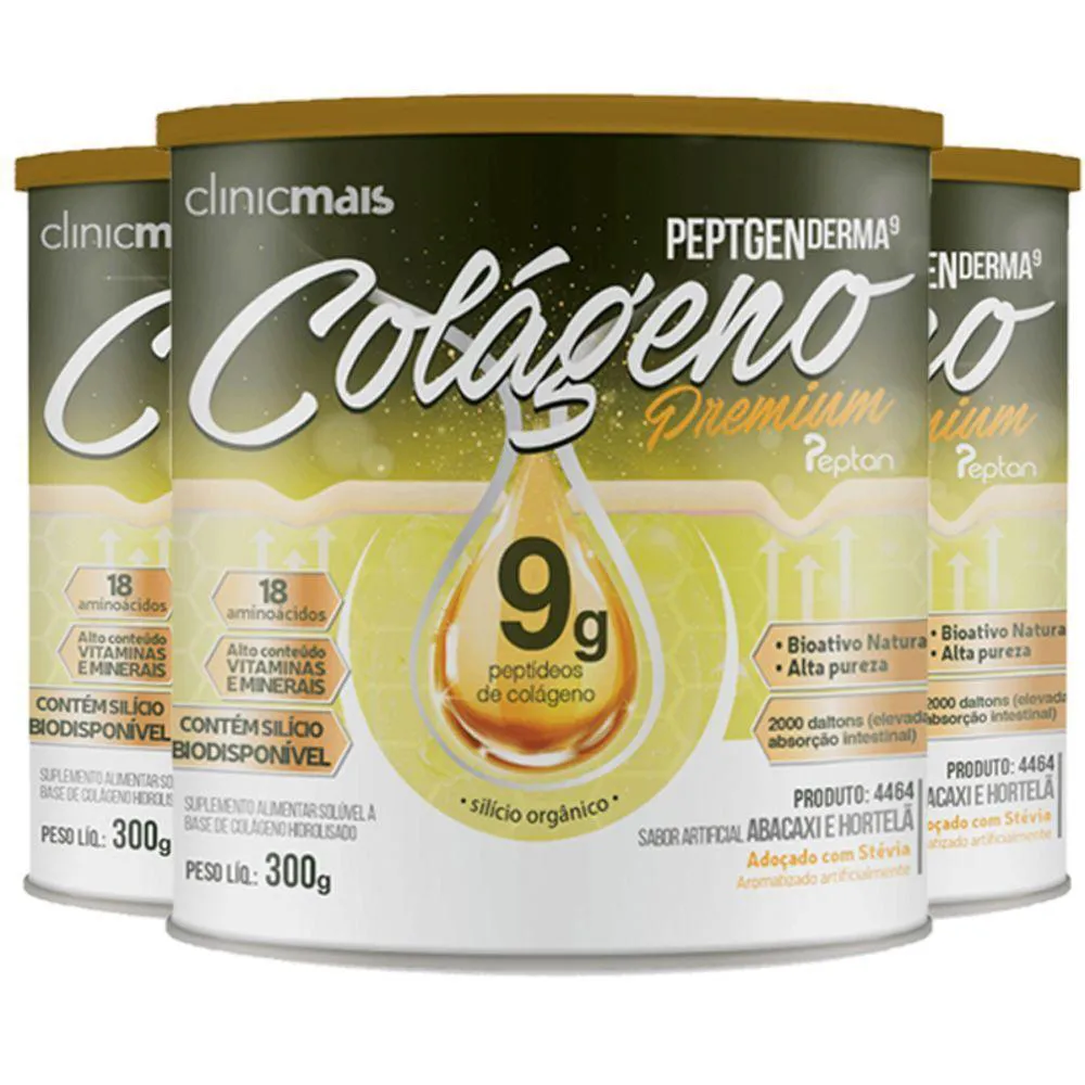 KIT 3 COLáGENO HIDROLISADO PREMIUM 9G CLINIC MAIS 300G ABACAXI COM HORTELã