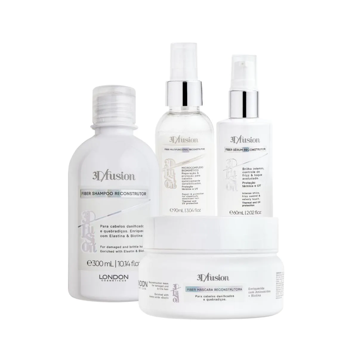 KIT RECONSTRUçãO 3D FUSION - SHAMPOO + MáSCARA + MULTIFUNCIONAL + SéRUM | LONDON COSMéTICOS