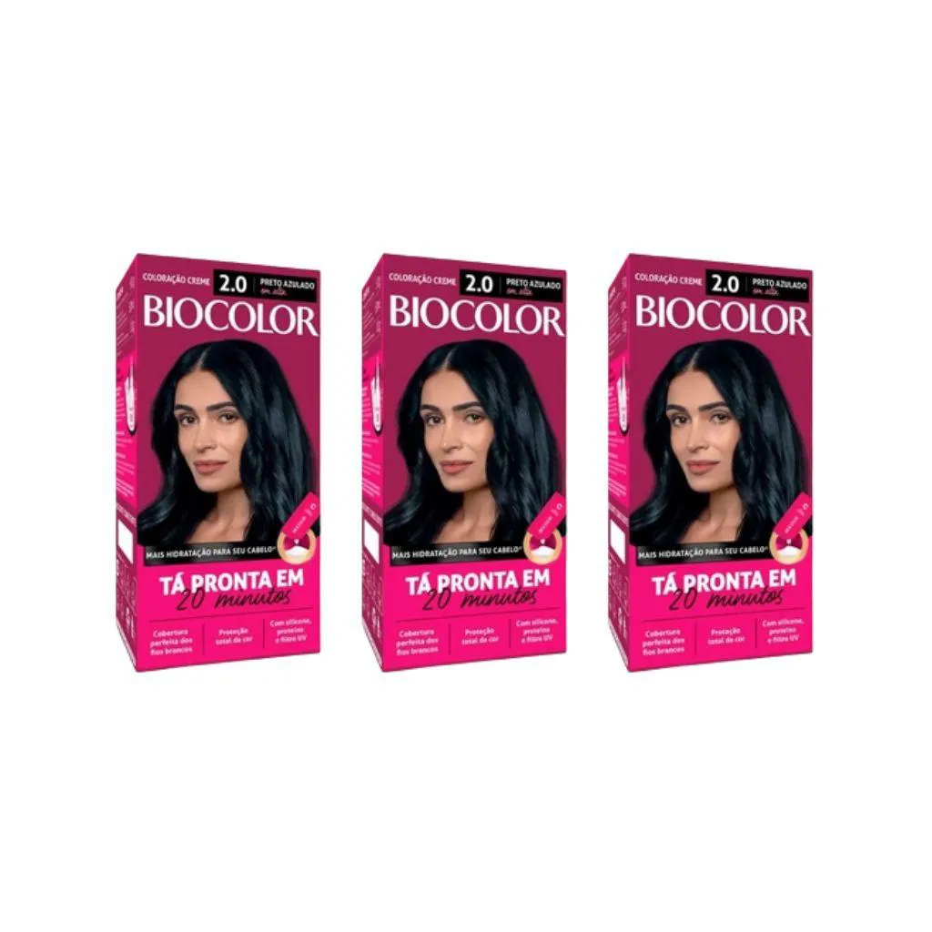 COLORAçAO BIOCOLOR CREME 2.0 PRETO AZUL - KIT C/ 3UN