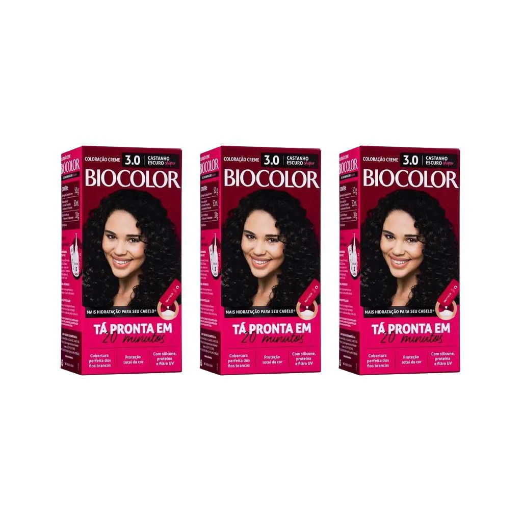 COLORAçAO BIOCOLOR CREME 3.0 CASTANHO ESCURO - KIT C/ 3UN