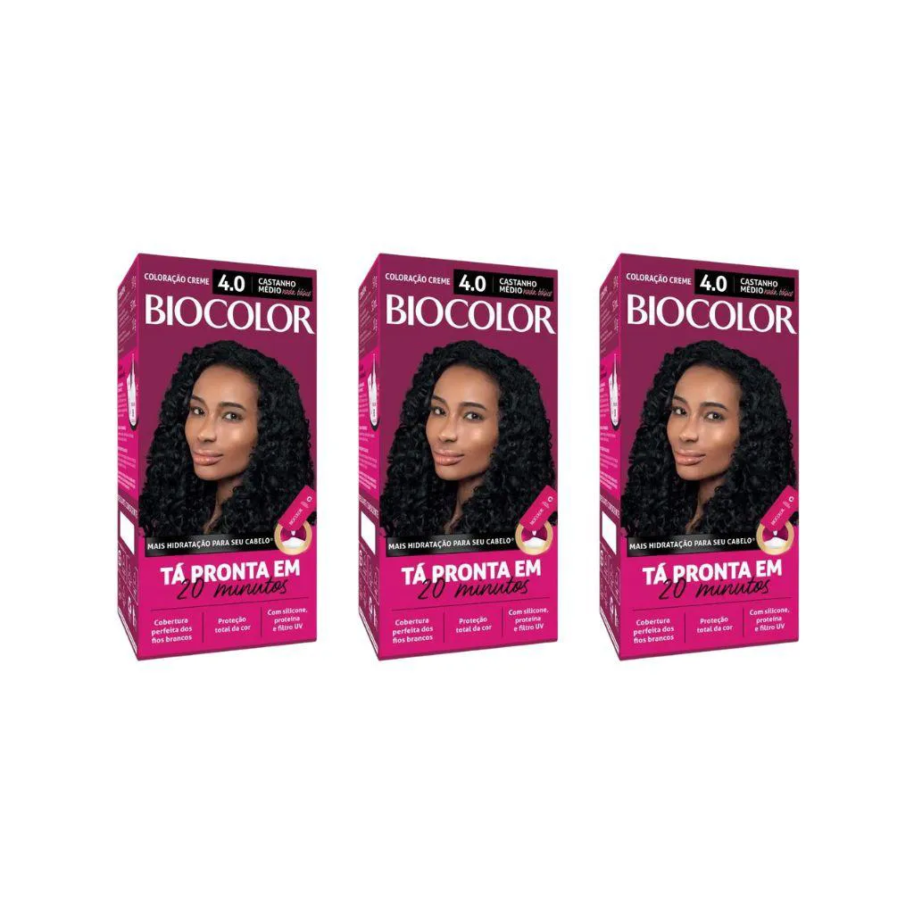 COLORAçAO BIOCOLOR CREME 4.0 CASTANHO MéDIO - KIT C/ 3UN