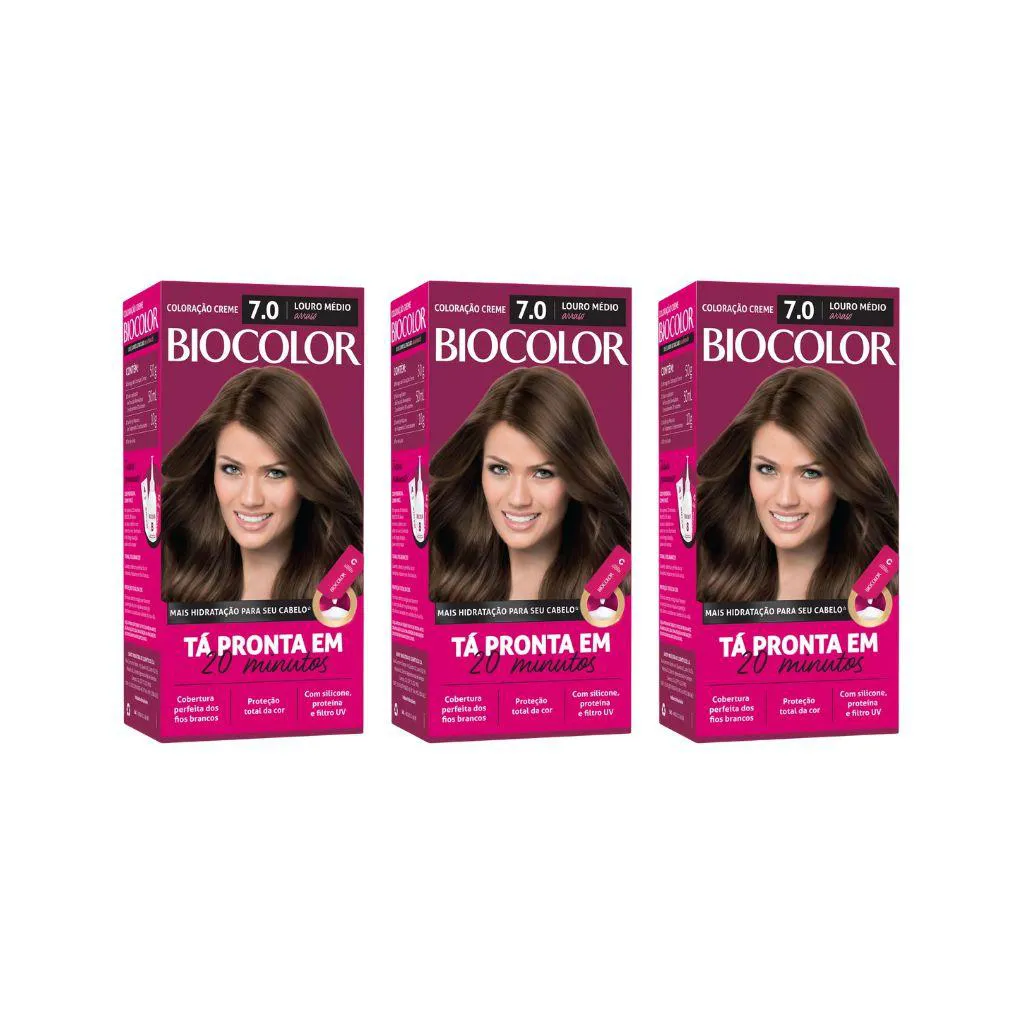 COLORAçAO BIOCOLOR CREME 7.0 LOURO MEDIO ARRASO - KIT C/ 3UN