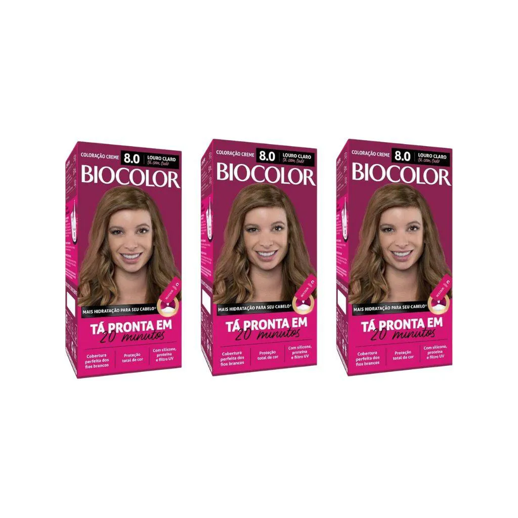 COLORAçAO BIOCOLOR CREME 8.0 LOURO CLARO - KIT C/ 3UN