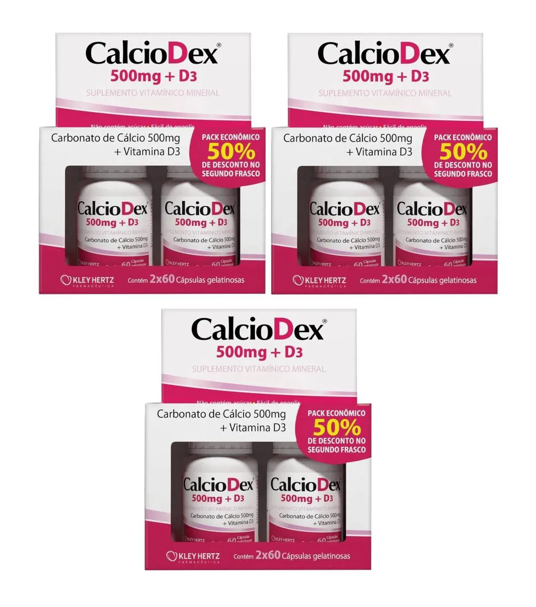 KIT 3 CALCIODEX 500MG + D3 120 CáPSULAS - KLEY HERTZ