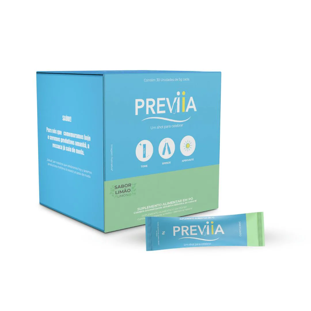 PREVIIA FóRMULA DE SUPORTE AO ÁLCOOL. STICK SOLúVEL 5GR. CAIXA 30 DOSES, SABOR LIMãO. PóS FESTA PóS RAVE, ANTI RESSACA, CASAMENTO