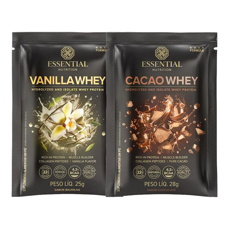 KIT 2 WHEY SACHê ESSENTIAL NUTRITION: CACAO, VANILLA