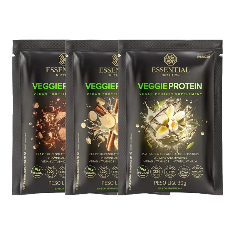 KIT 3 VEGGIE PROTEIN SACHê ESSENTIAL NUTRITION: CACAO, BANANA COM CANELA, VANILLA