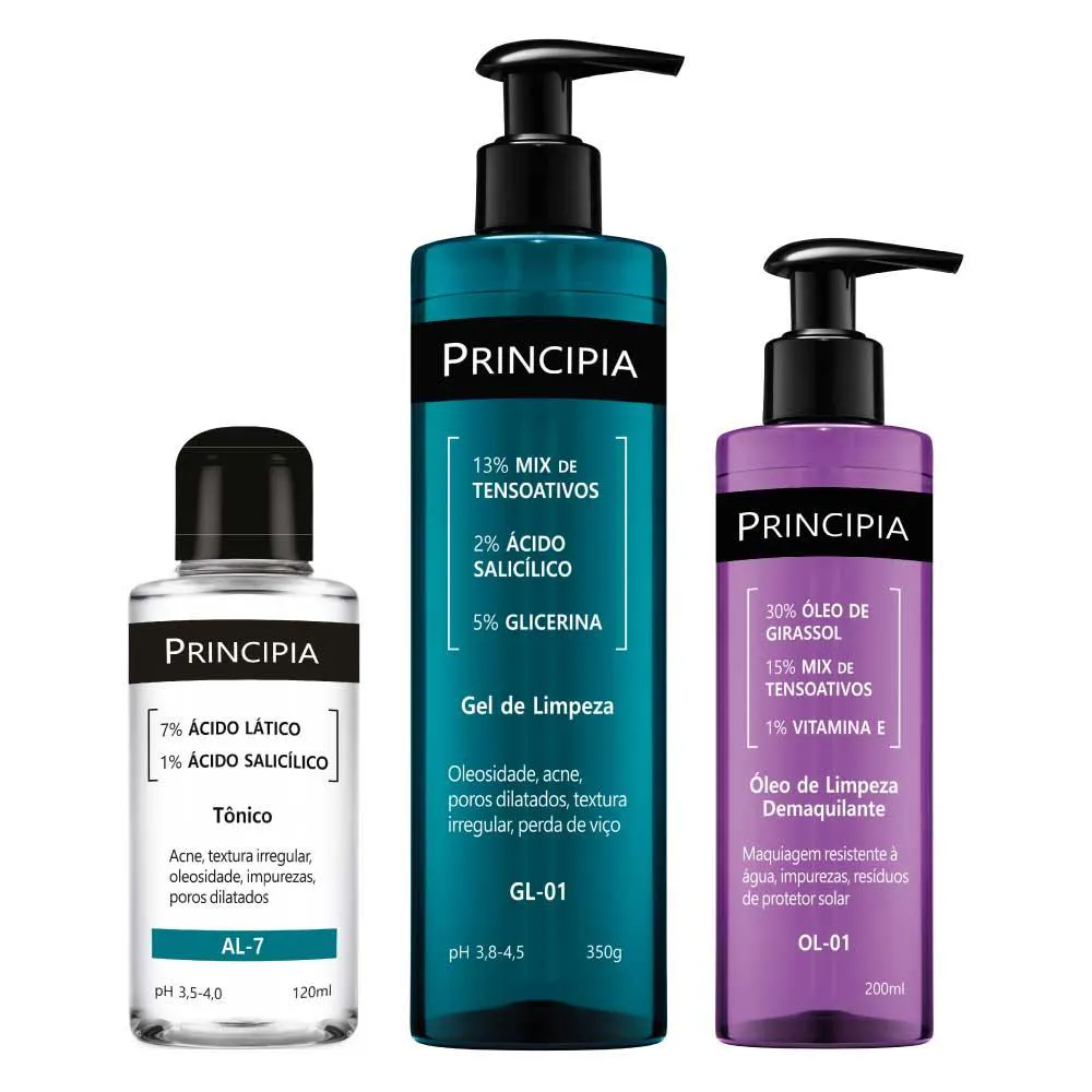 PRINCIPIA KIT TRIO LIMPEZA AVANÇADA TÔNICO AL-7 + OLEO DE LIMPEZA OL-01 + GEL DE LIMPEZA GL-01