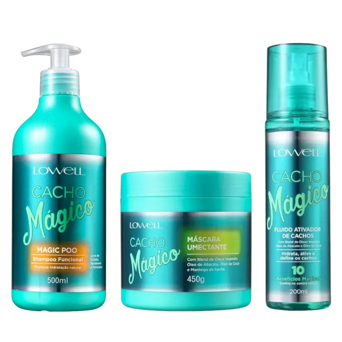 KIT LOWELL CACHO MáGICO SHAMPOO 500ML + MáSCARA 450G + FLUíDO ATIVADOR DE CACHOS 200ML