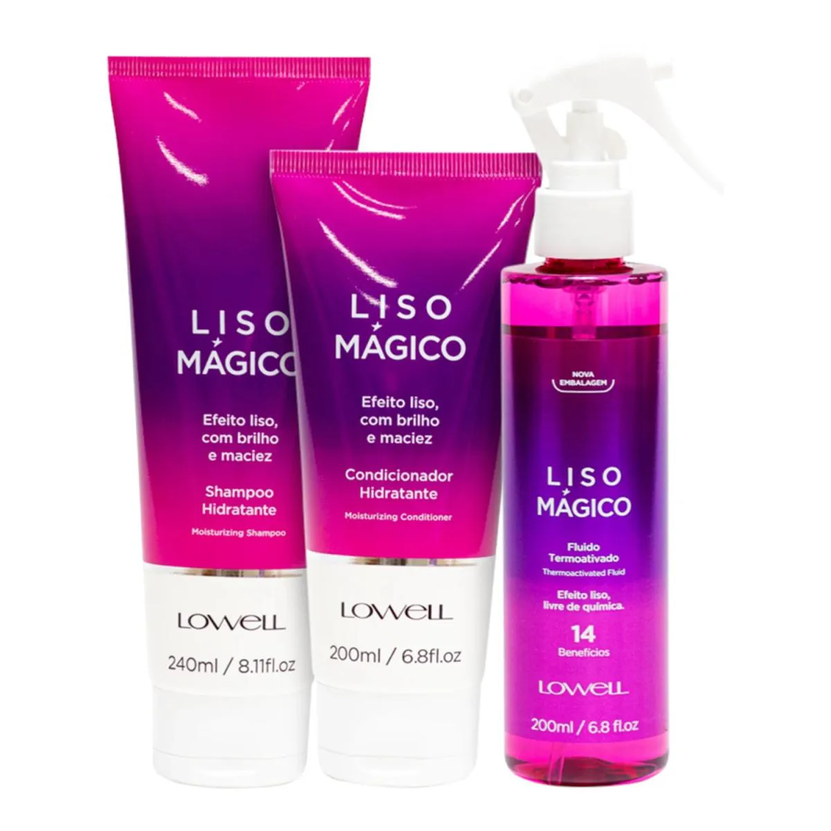 KIT LOWELL LISO MáGICO - SHAMPOO 240ML + CONDICIONADOR 200ML + FLUíDO TERMOATIVADO 200ML
