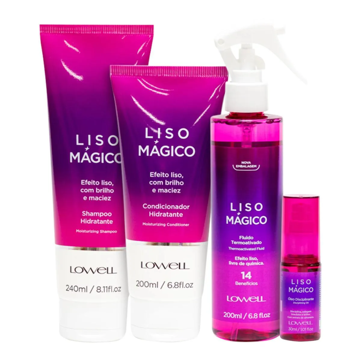 KIT LOWELL LISO MáGICO - SHAMPOO 240ML + CONDICIONADOR 200ML + FLUíDO TERMOATIVADO 200ML + ÓLEO 30ML