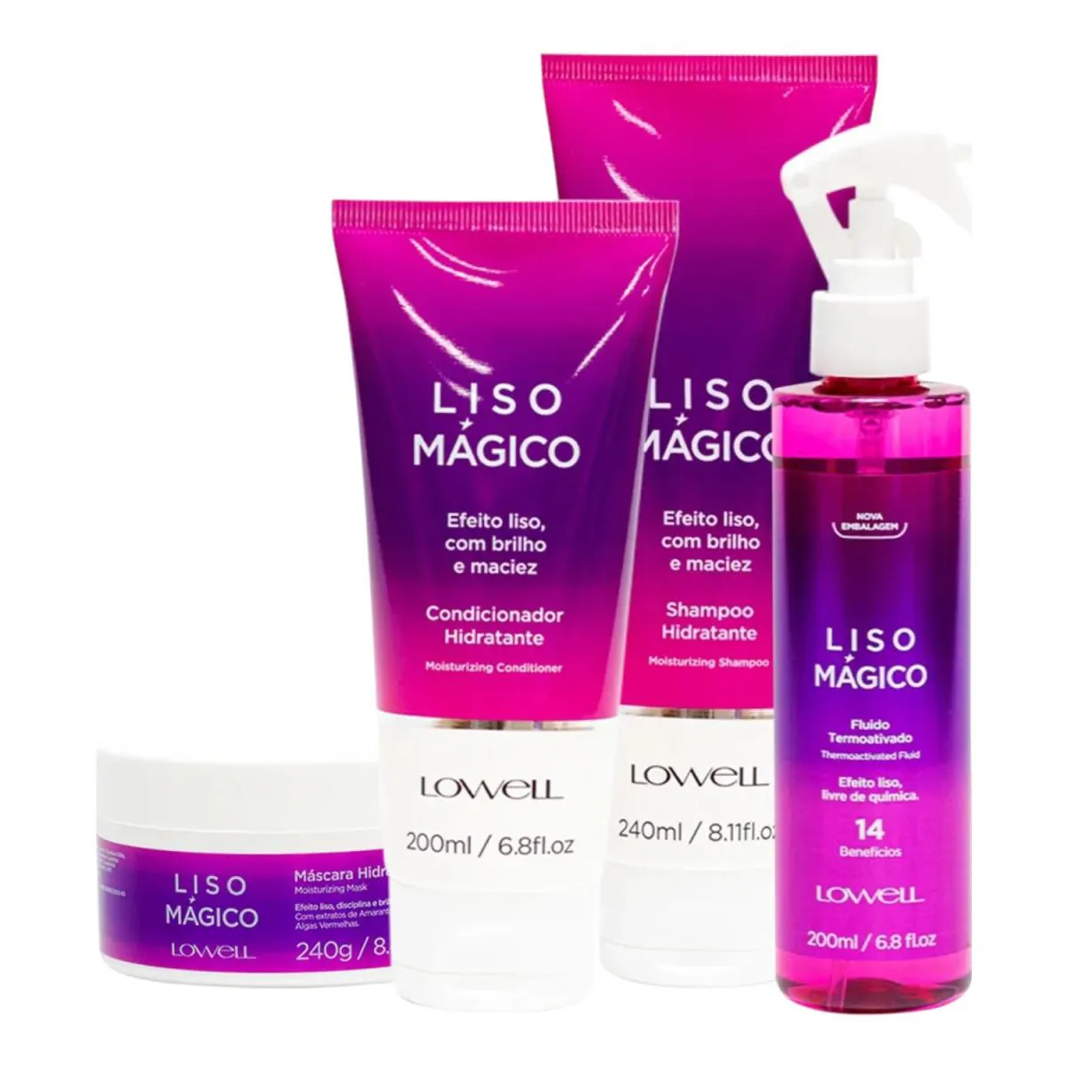 KIT LOWELL LISO MáGICO - SHAMPOO 240ML + CONDICIONADOR 200ML + MáSCARA 240G + FLUíDO 200ML