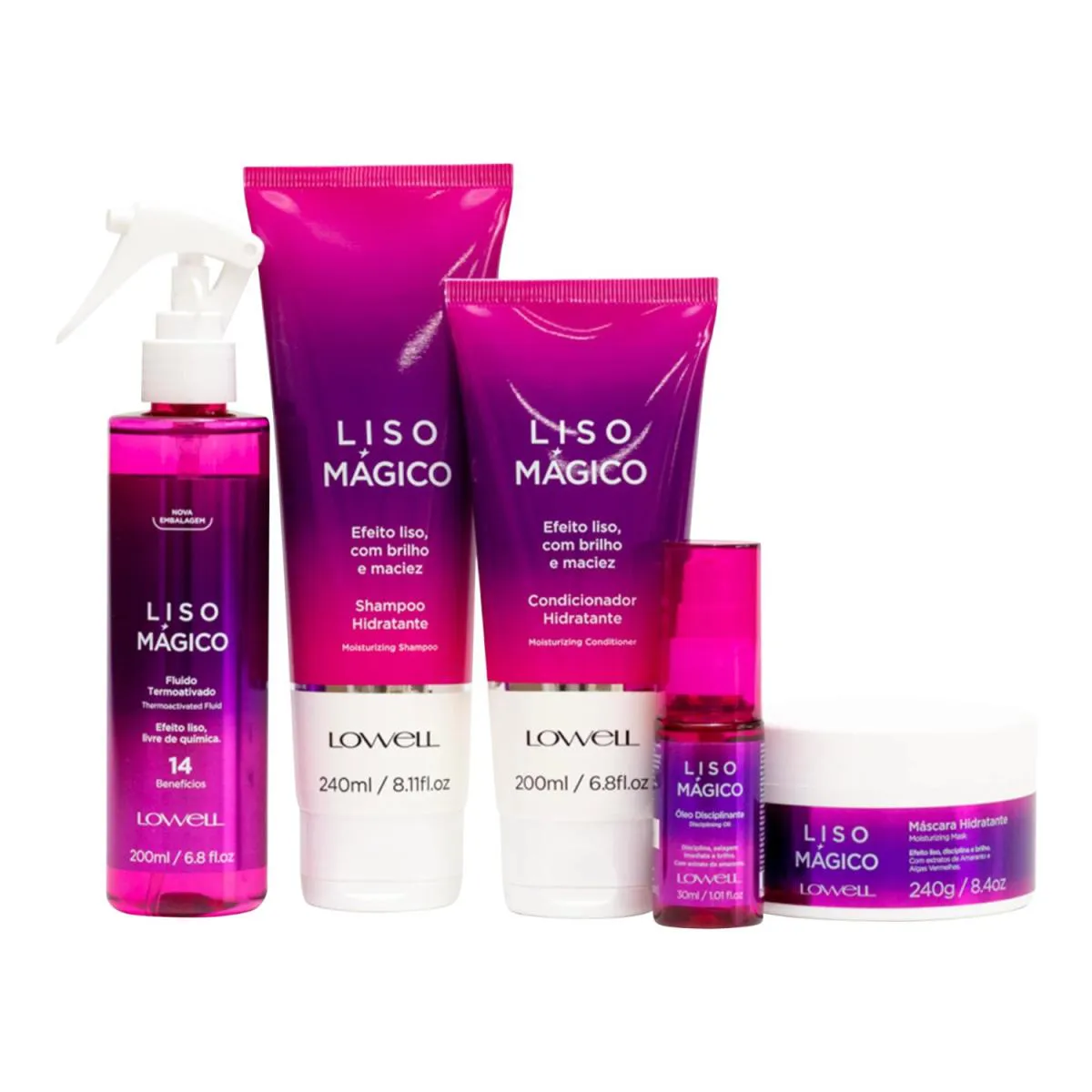 KIT LOWELL LISO MáGICO - SHAMPOO 240ML + CONDICIONADOR 200ML + MáSCARA 240G + FLUíDO 200ML + ÓLEO 30ML