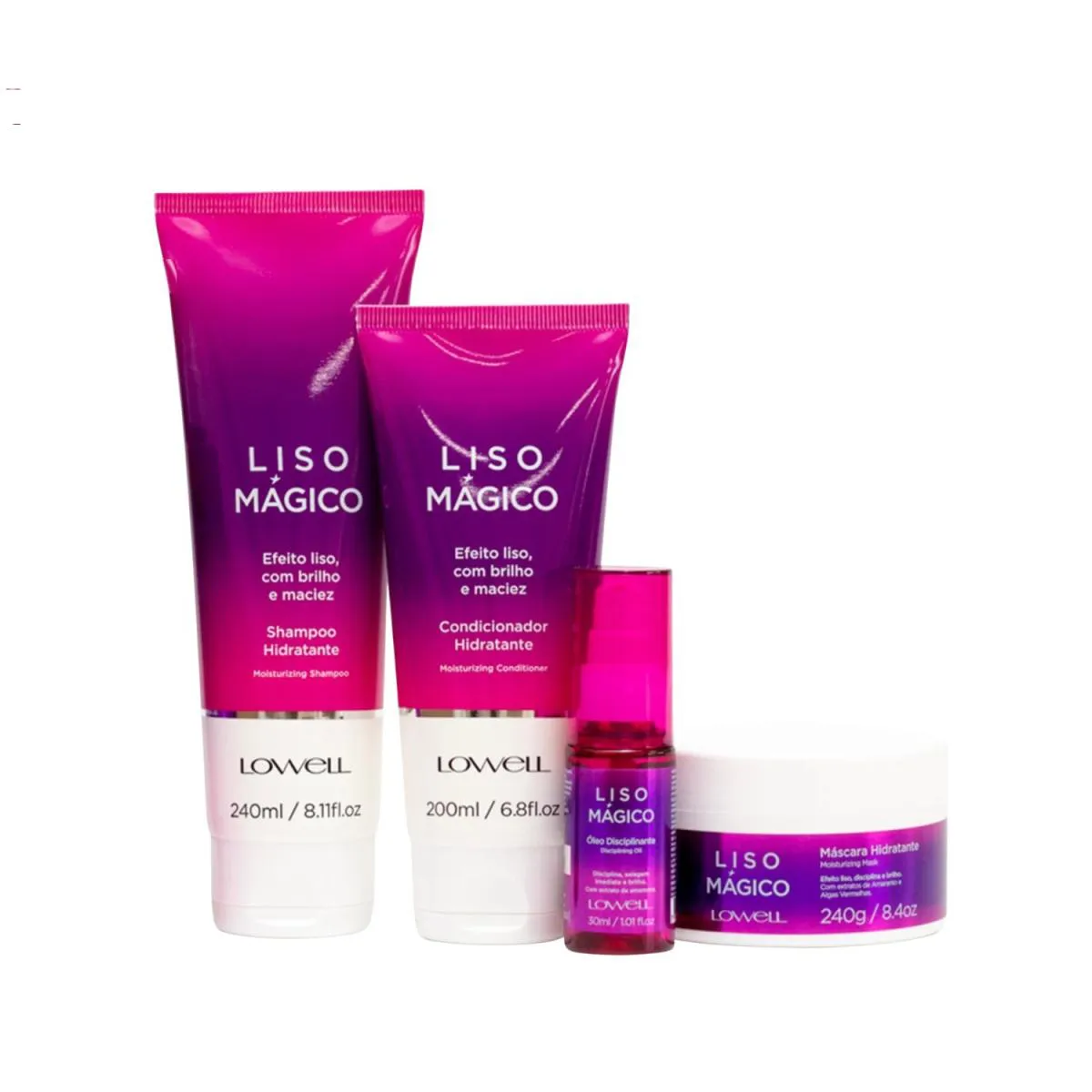 KIT LOWELL LISO MáGICO - SHAMPOO 240ML + CONDICIONADOR 200ML + MáSCARA 240G + ÓLEO 30ML