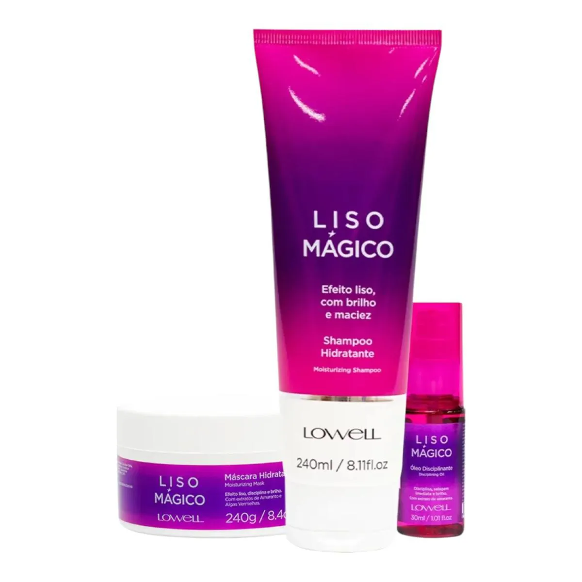 KIT LOWELL LISO MáGICO - SHAMPOO 240ML + MáSCARA 240G + ÓLEO 30ML