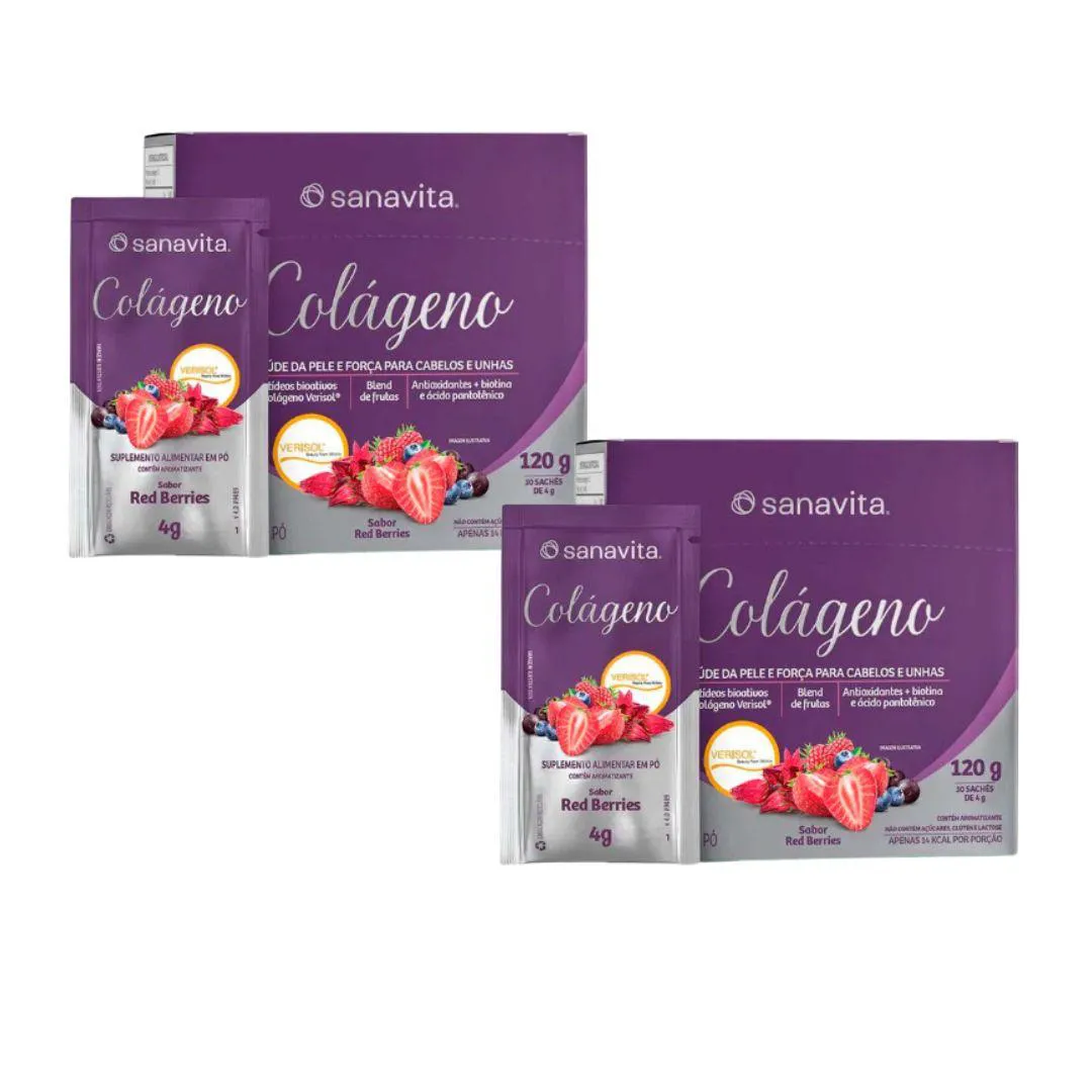 KIT 2X - COLáGENO VERISOL COM VITAMINA C + BIOTINA + ACIDO PANTOTêNICO - 30 SACHES - SANAVITA SABOR:RED BERRIES