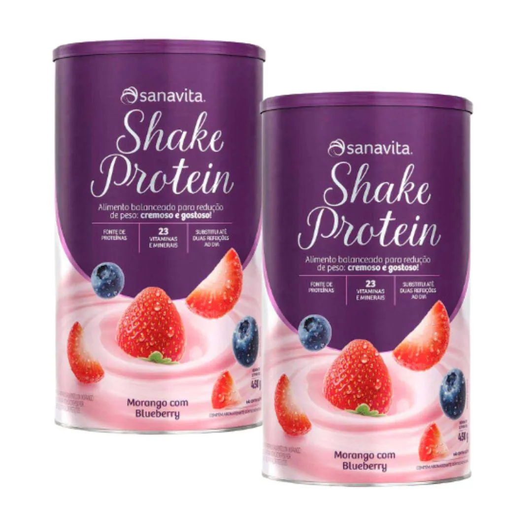 KIT 2X - SHAKE PROTEIN FONTE DE PROTEíNA + 23 VITAMINAS E MINERAIS - (450G) - SANAVITA SABOR:MORANGO COM BLUEBERRY