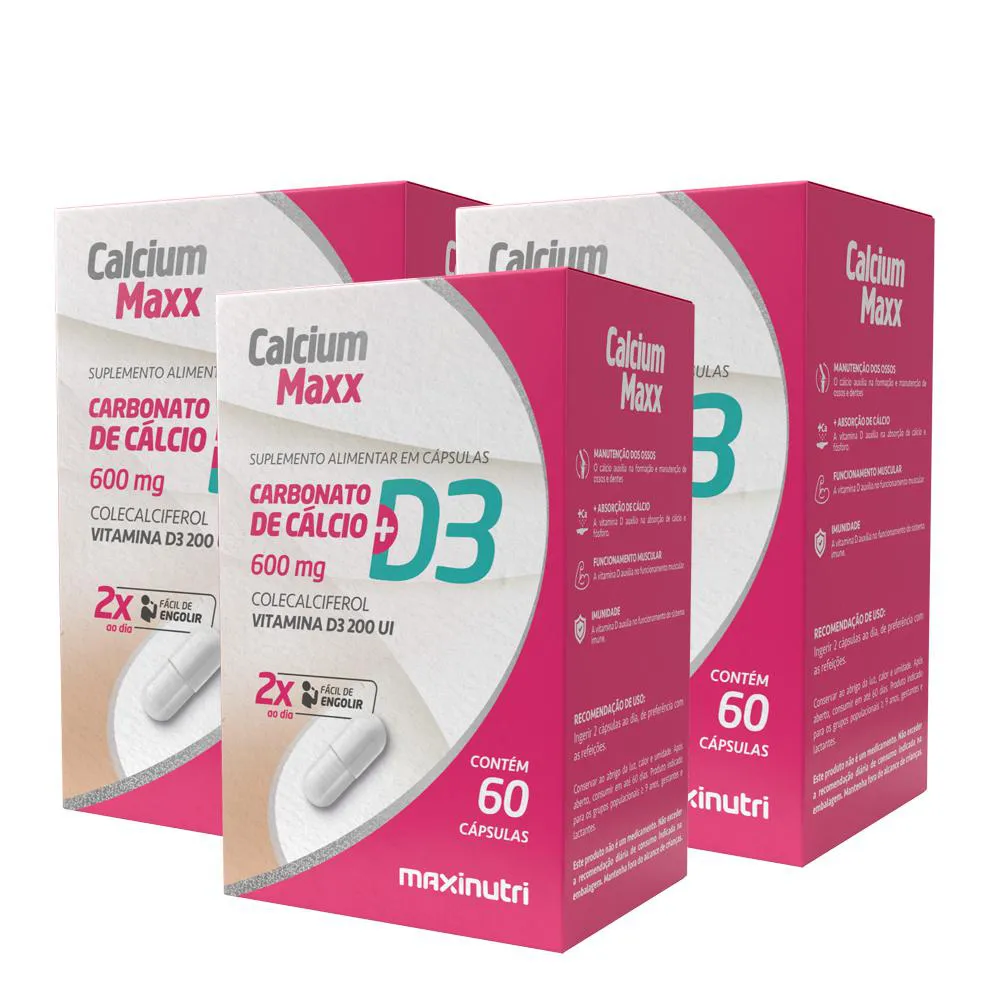 KIT 3 CALCIUM MAXX CáLCIO D3 600MG 60 CAPSULAS MAXINUTRI