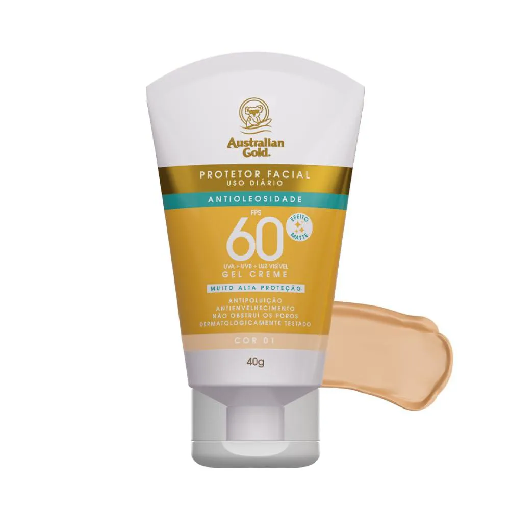 AUSTRALIAN GOLD PROTETOR SOLAR FACIAL GEL CREME COM COR 01 FPS 60 40G