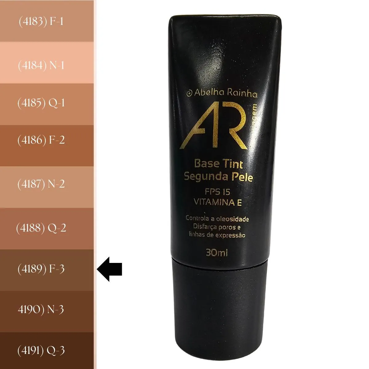 BASE TINT SEGUNDA PELE BEGE ESCURO F-3 FPS 15 AR MAQUIAGEM ABELHA RAINHA 30ML