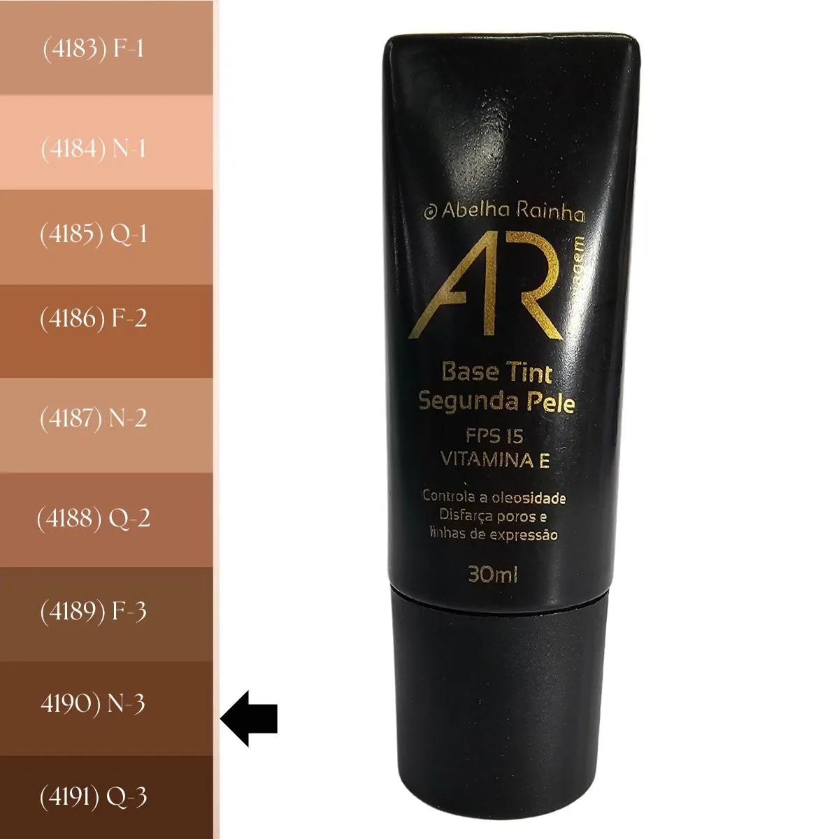 BASE TINT SEGUNDA PELE BEGE ESCURO N-3 FPS 15 AR MAQUIAGEM ABELHA RAINHA 30ML