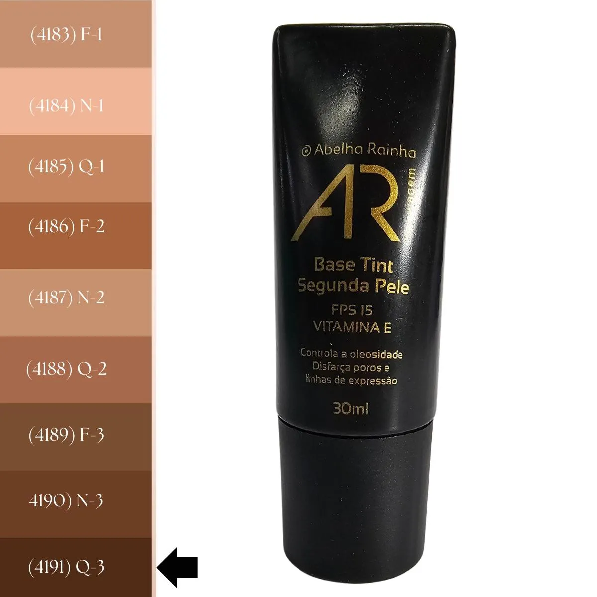 BASE TINT SEGUNDA PELE BEGE ESCURO Q-3 FPS 15 AR MAQUIAGEM ABELHA RAINHA 30ML