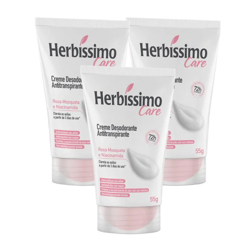 KIT CREME DESODORANTE ANTITRANSPIRANTE HERBíSSIMO CARE ROSA MOSQUETA E NIACINAMIDA BISNAGA 55G - 3 UNIDADES