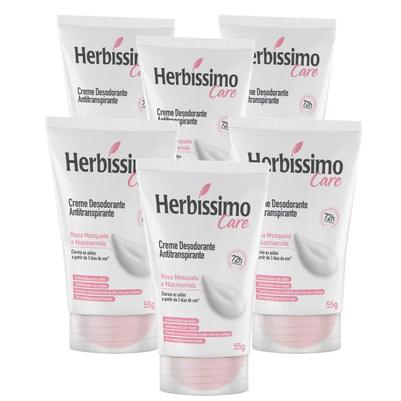 KIT CREME DESODORANTE ANTITRANSPIRANTE HERBíSSIMO CARE ROSA MOSQUETA E NIACINAMIDA BISNAGA 55G - 6 UNIDADES