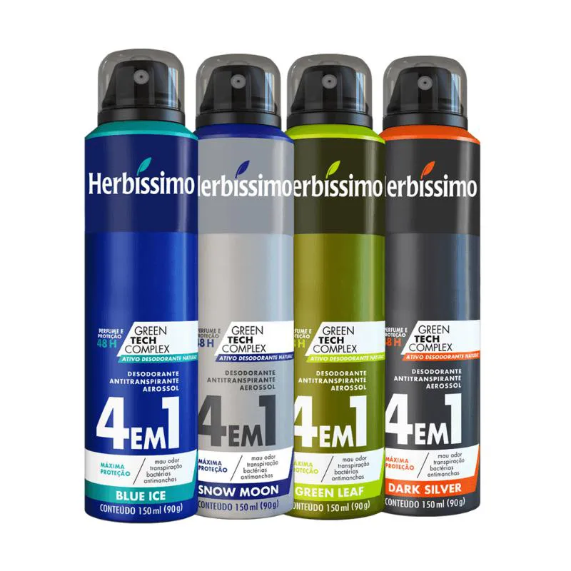 KIT DESODORANTE AEROSOL ANTITRANSPIRANTE HERBíSSIMO BLUE ICE + SNOW MOON + GREEN LEAF + DARK SILVER 150ML