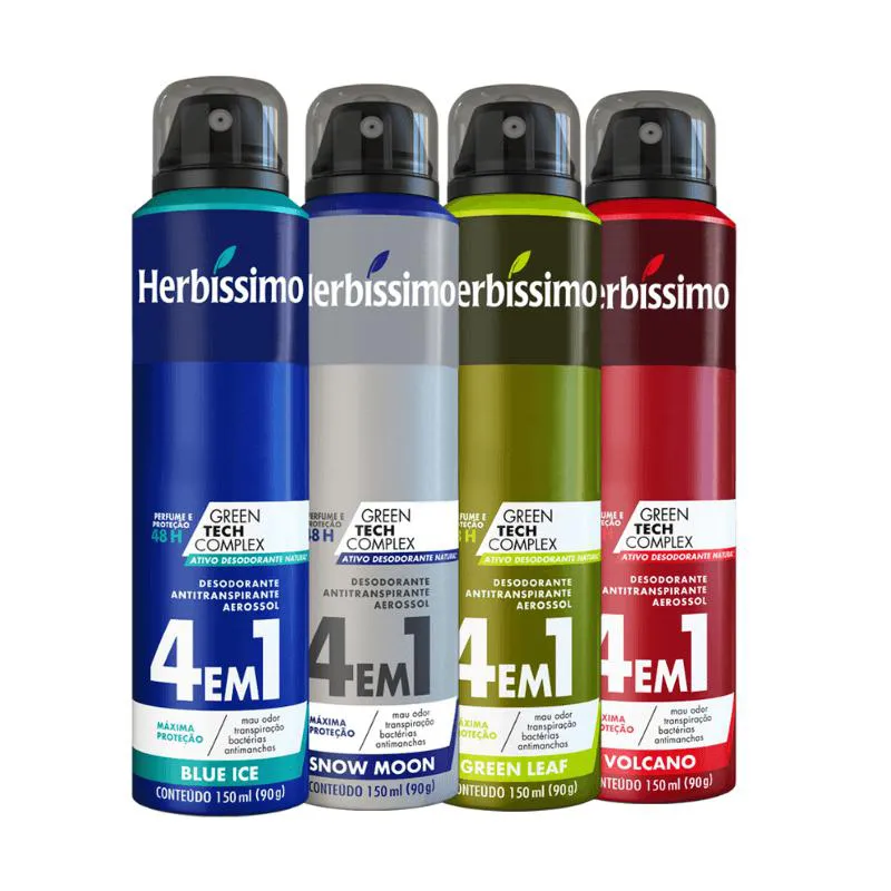 KIT DESODORANTE AEROSOL ANTITRANSPIRANTE HERBíSSIMO BLUE ICE + SNOW MOON + GREEN LEAF + VOLCANO 150ML