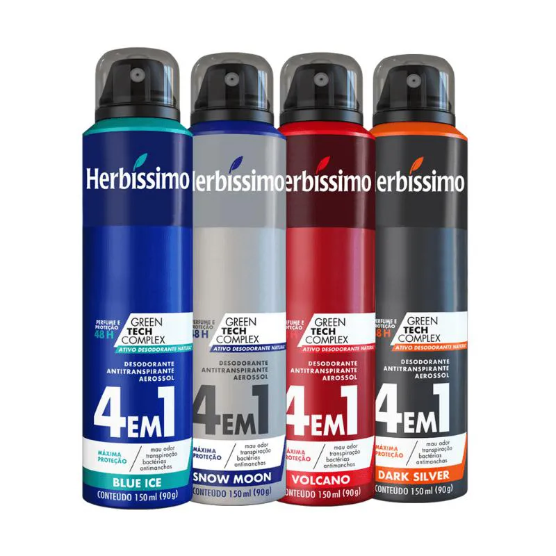 KIT DESODORANTE AEROSOL ANTITRANSPIRANTE HERBíSSIMO BLUE ICE + SNOW MOON + VOLCANO + DARK SILVER 150ML