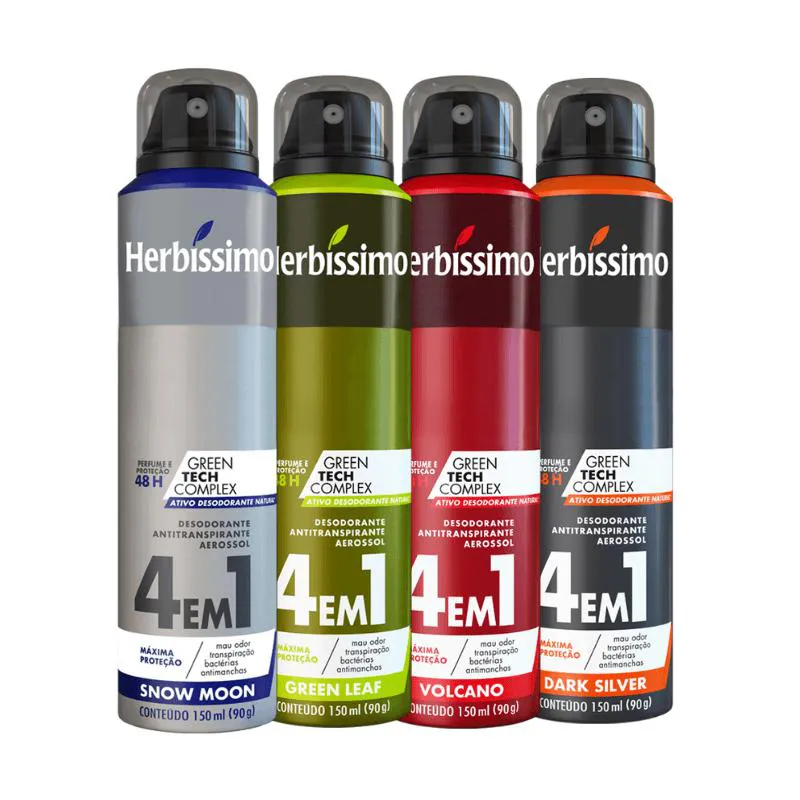 KIT DESODORANTE AEROSOL ANTITRANSPIRANTE HERBíSSIMO SNOW MOON + GREEN LEAF + VOLCANO + DARK SILVER 150ML