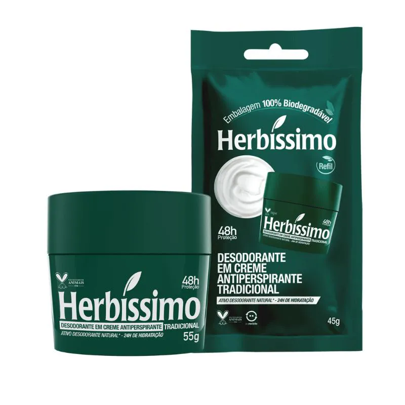 KIT DESODORANTE CREME ANTITRANSPIRANTE TRADICIONAL HERBíSSIMO 55G + SACHê REFIL TRADICIONAL 45G