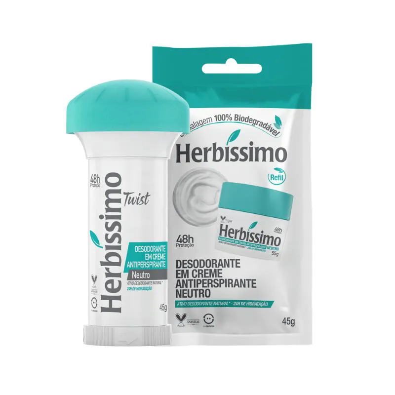 KIT DESODORANTE TWIST ANTITRANSPIRANTE NEUTRO HERBíSSIMO 45G + SACHê REFIL NEUTRO 45G