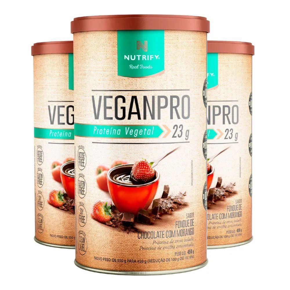 KIT 3 VEGANPRO PROTEíNA VEGETAL CHOCOLATE COM MORANGO NUTRIFY 450G