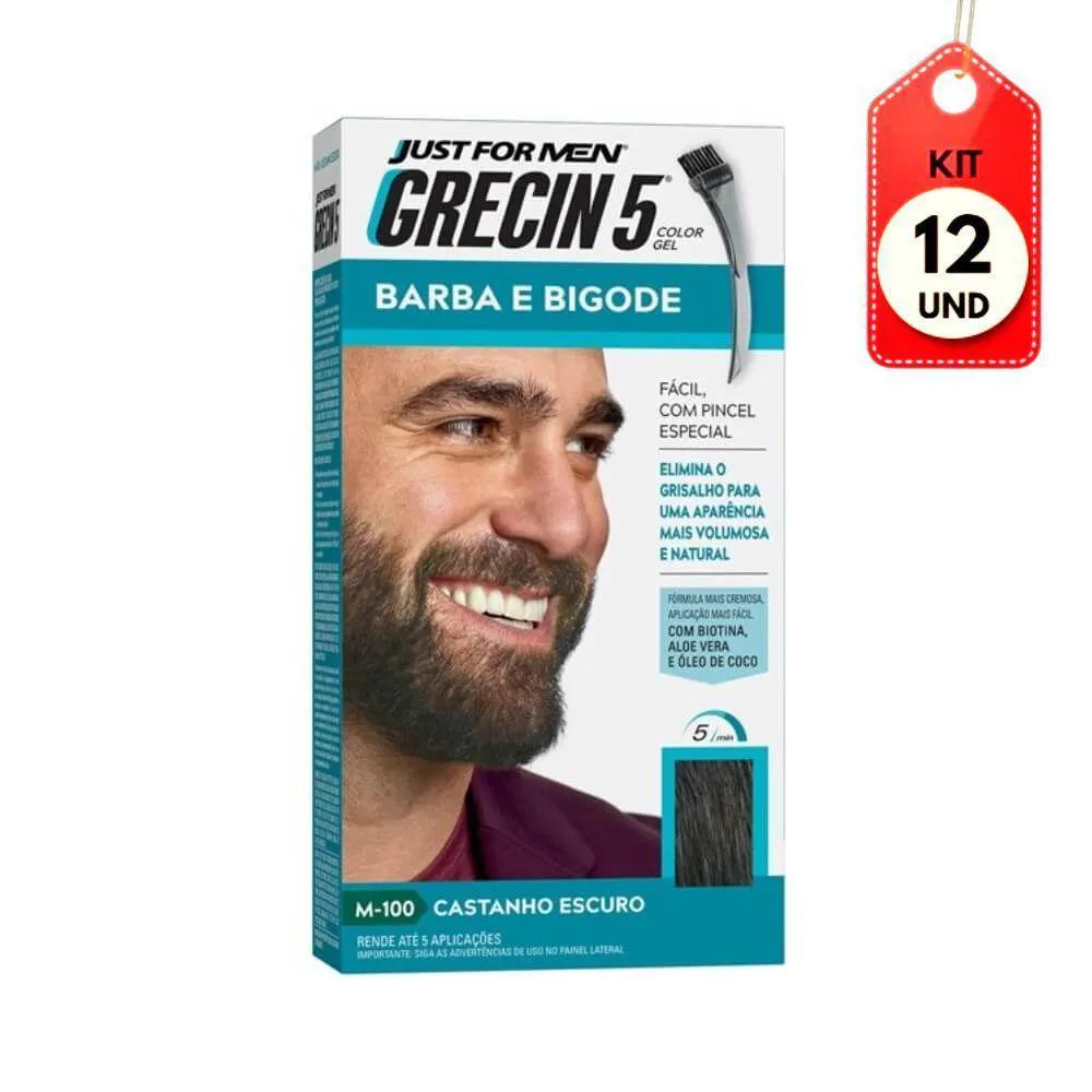 KIT C-12 GRECIN 5 BARBA E BIGODE CASTANHO ESCURO 28G