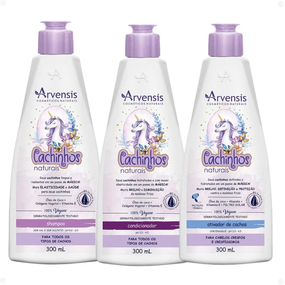 KIT ARVENSIS CACHINHOS NATURAIS CABELOS CRESPOS E CRESPíSSIMOS: SHAMPOO 300ML, CONDICIONADOR 300ML E ATIVADOR DE CACHOS 300ML